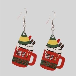 Son of a Nutcracker Christmas Elf Mug Dangle Earrings NWT